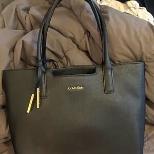 Calvin Klein Black Leather Structured Tote with Gold Accents / lap  top purse